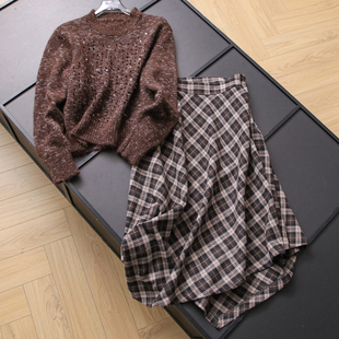 亮片圆领宽松显瘦套头毛衣可配一整套格纹不规则半身裙套装 女B809