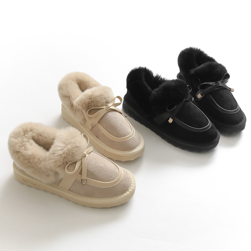 新款加厚蝴蝶结防滑棉豆豆鞋女鞋