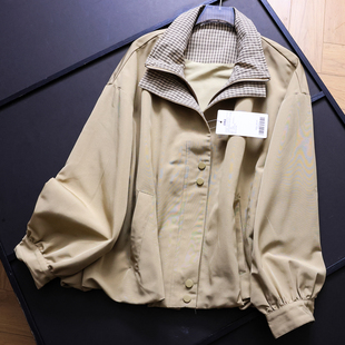 风衣女外套B325 长袖 格子拼接双层翻领宽松廓形小个子2025秋季 新款