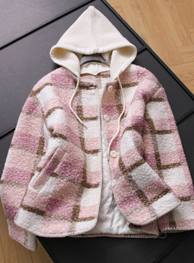 粉色格子颗粒绒宽松显瘦连帽毛绒仿羊羔毛冬季新款长袖女外套B805