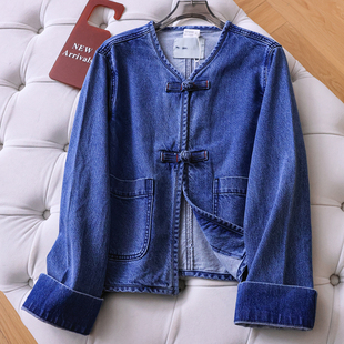 V领长袖 新款 女牛仔外套W550 国风复古盘扣宽松显瘦2026春季 新中式
