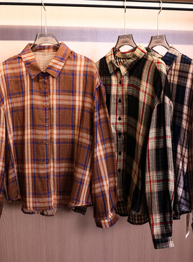 复古格纹慵懒松弛感翻领2025秋季新款单排扣长袖百搭女装衬衫V718