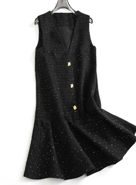 亮丝小香风V领叠穿外搭无袖背心裙2025春季新款a字裙女连衣裙J732