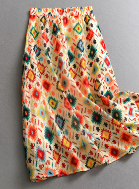 波西米亚印花松紧腰显瘦a字伞裙中长款高腰女裙度假风半身裙C525