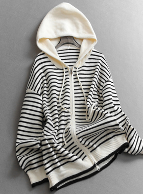 撞色条纹宽松慵懒风拉链针织开衫外套2025秋季新款长袖女毛衣B512