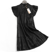 纯色小黑裙显瘦褶皱立领小飞袖 女裙连衣裙F130 短袖 蛋糕裙秋季 新款