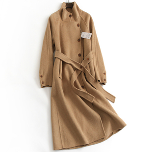 女毛呢外套H050 显瘦系带长袖 绵羊毛双面绒过膝长款 大衣立领灯笼袖