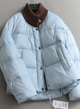 撞色针织拼接立领假两件宽松保暖外套25冬季新款长袖羽绒服女M949