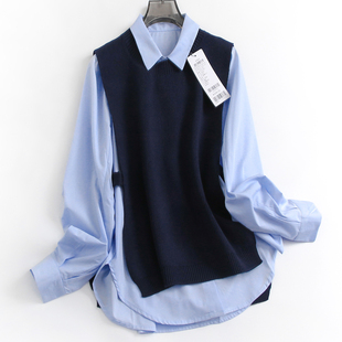休闲女装 撞色针织背心两件套装 翻领秋冬新款 减龄百搭长袖 F634 衬衫