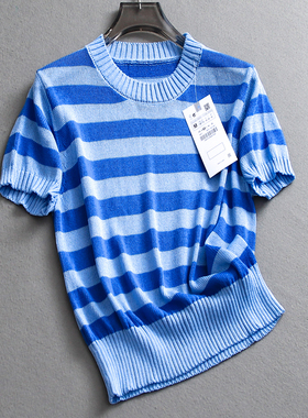 蓝色条纹柔软薄款透气亲肤圆领2025夏季新款通勤短袖女针织衫Z886