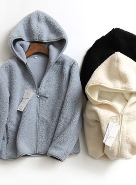 I103纯色加绒连帽拉链开衫秋冬新款2021长袖仿羊羔绒百搭女式外套