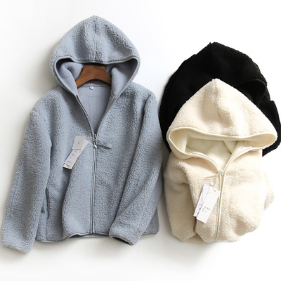 i103纯色加绒连帽拉链女式开衫