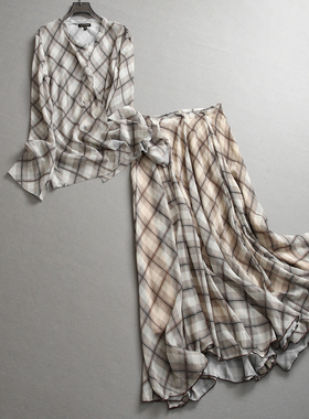 复古格子荷叶边圆领微透长袖雪纺衫可配一整套半裙女两件套装L407