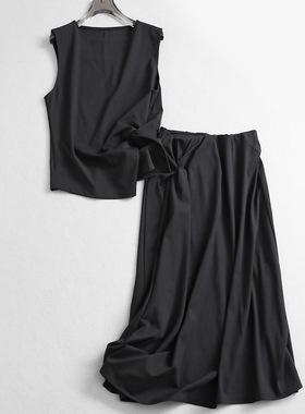 黑色显瘦修身扭结不对称船领背心可配一整套半裙套装女两件套K893