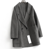 大衣2024冬长袖 灰色宽松西装 领双面绒绵羊毛中长款 女毛呢外套G098