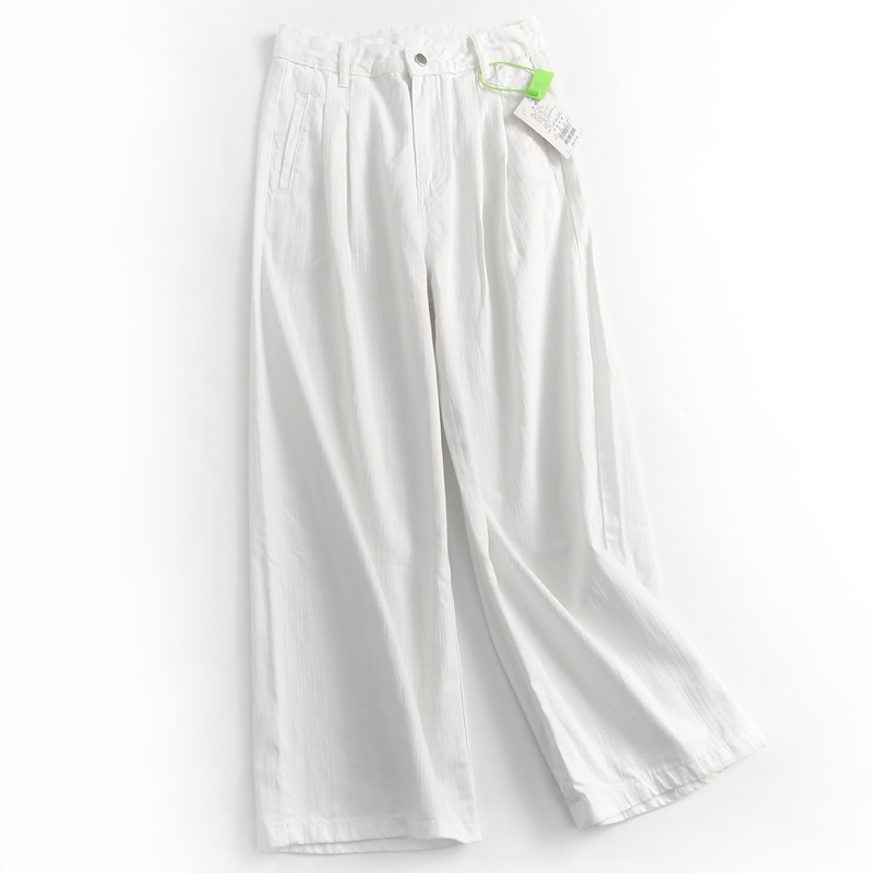 白色阔腿牛仔裤褶皱遮跨高腰长裤