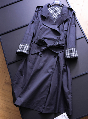 撞色格子卷边长袖翻领双排扣系带外套2025秋季新款长款女风衣B385