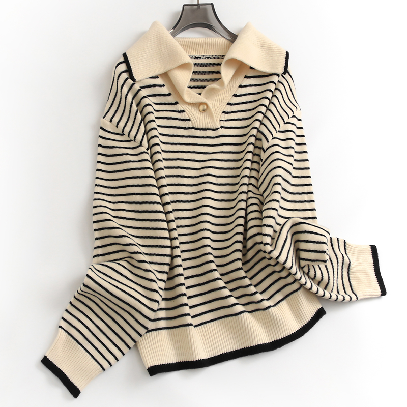 条纹宽松慵懒V领软糯减龄毛衣女