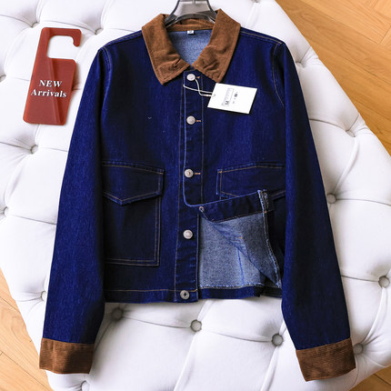 撞色灯芯绒翻领对称口袋宽松显瘦工装休闲长袖百搭女牛仔外套Q021
