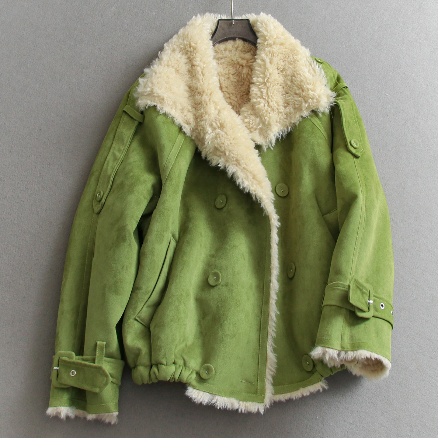 纯色仿羊羔毛机车服加绒加厚保暖皮毛一体长袖派克服女装外套Q833