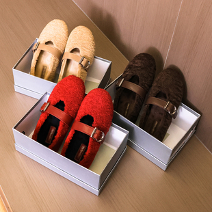 新款 冬季 女鞋 外穿棉鞋 M320 加绒毛毛鞋 一字带玛丽珍鞋 毛绒芭蕾单鞋