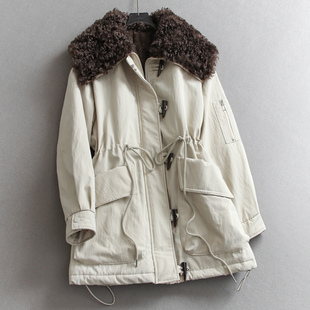 仿羊羔绒大翻领加绒加厚抽绳收腰中长款 派克服保暖外套女风衣Q322