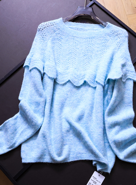 纯色设计感荷叶边宽松显瘦温柔风2025秋季新款长袖女针织毛衣B277