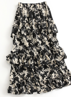 黑色印花裙松紧腰层次感荷叶边A字裙气质淑女裙半身裙腰裙女A559