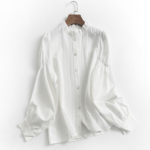 G749纯色公主袖褶皱立领单排扣春季新款2023长袖淑女上衣衬衫衬衣