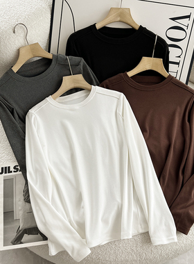 C786软糯糯温柔纯色圆领长袖t恤女春秋内搭设计感打底衫正肩上衣