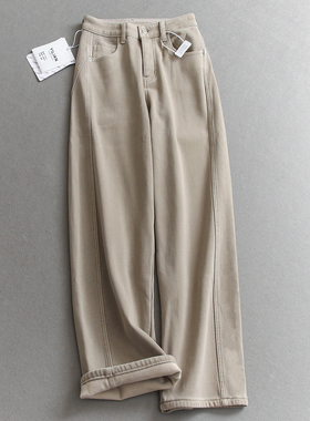 加绒加厚高腰显瘦亲肤保暖窄版阔腿裤百搭宽松直筒裤女牛仔裤Q315