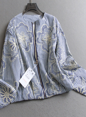 蓝色条纹花朵刺绣宽松显瘦圆领薄款飞行员夹克廓形女短款外套C842