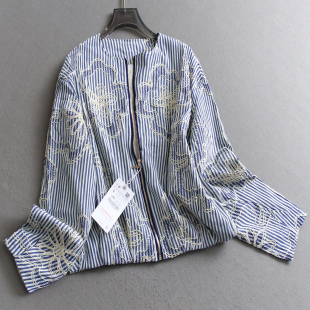 蓝色条纹花朵刺绣宽松显瘦圆领薄款 外套C842 飞行员夹克廓形女短款