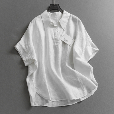 亚麻混纺休闲版型半开襟翻领衬衫