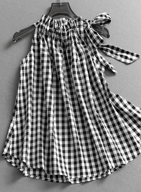 撞色格纹超宽松无袖罩衫抽褶系带2025夏季新款无袖百搭女衬衫C721