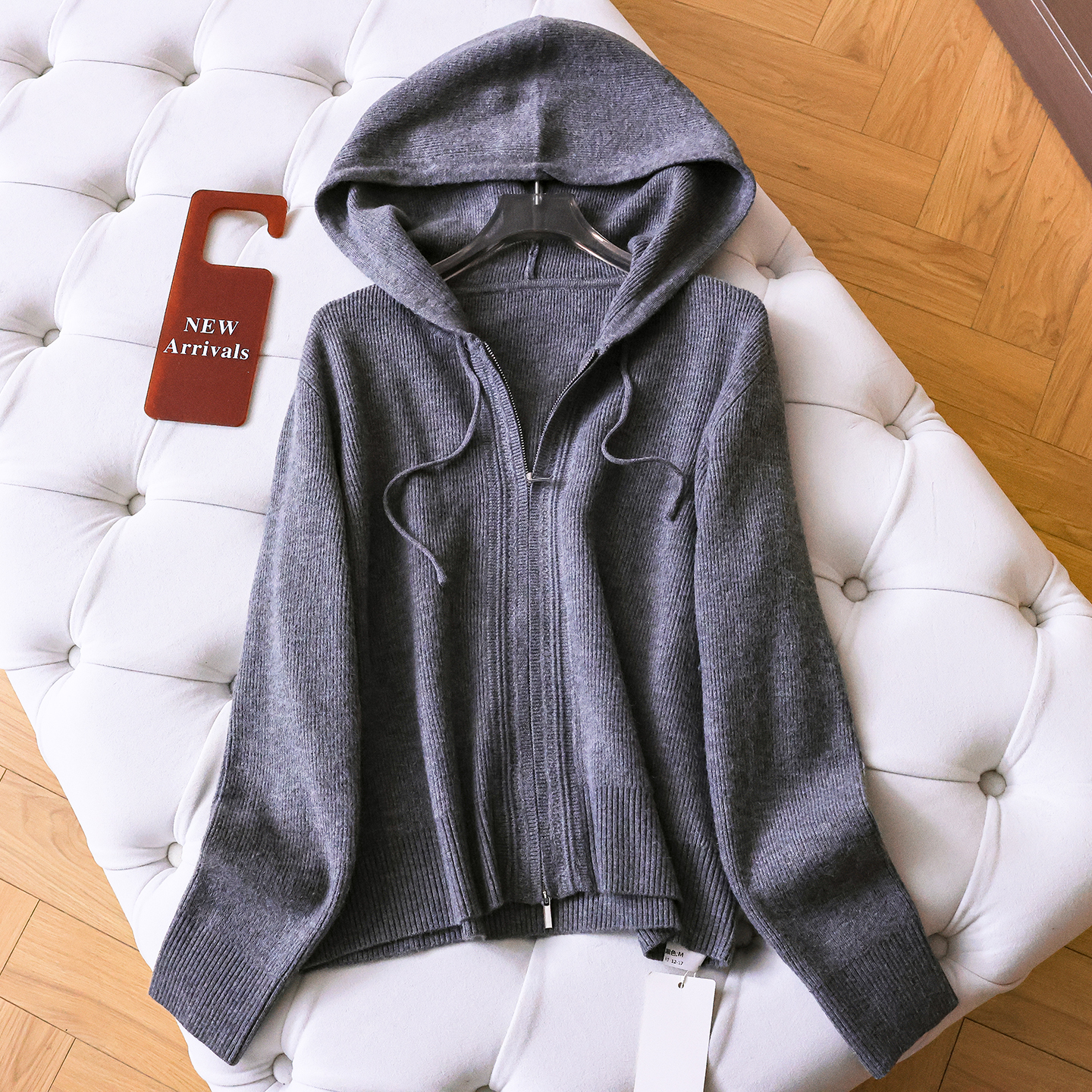 纯色连帽双头拉链宽松羊绒毛衣女