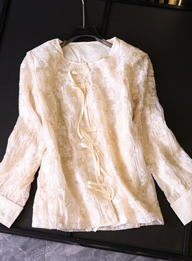 立体提花亮片飘带单排扣圆领新中式国风翻边长袖薄款女装外套Z267