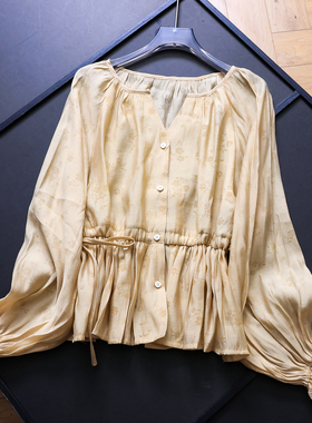 黄色暗纹印花抽绳收腰显瘦蕾丝花边灯笼袖浪漫小衫长袖女衬衫B284