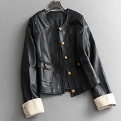 撞色翻边袖 机车夹克外套女B409 新款 口圆领单排扣长袖 皮衣2025秋季