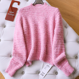 线衫 法式 针织衫 套头女装 Q492 优雅珠片花纱半高领软糯保暖毛衣长袖