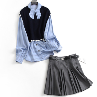 F497 高腰百褶半身裙套装 撞色条纹减龄学院风宽松显瘦长袖 女衬衫