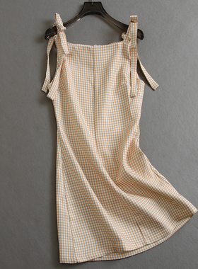 格子显瘦修身蝴蝶结肩带方领无袖吊带裙背心裙女裙连衣裙短裙K558