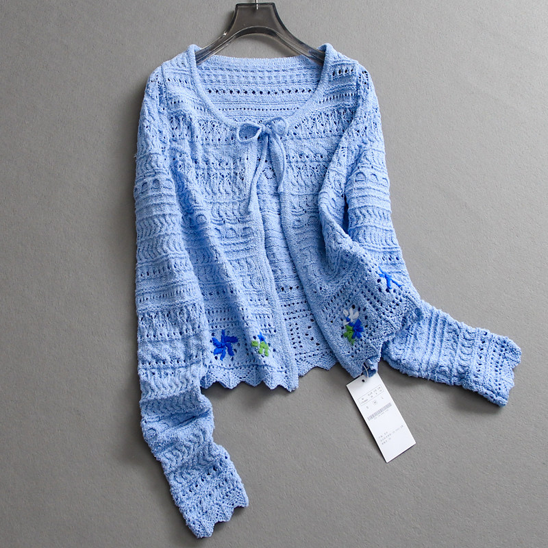 花朵刺绣薄款镂空系带圆领外搭罩衫花边袖口长袖女针织衫开衫L228