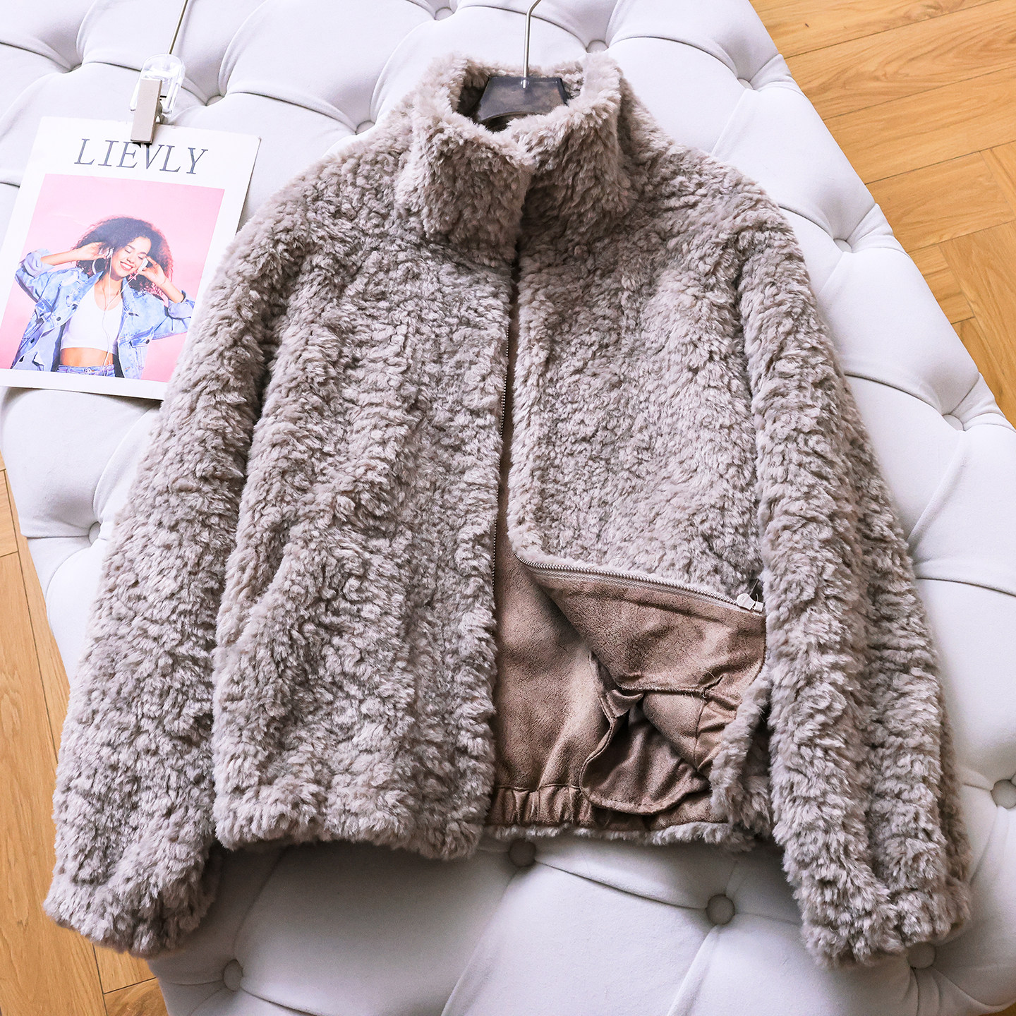 纯色立领仿羊羔毛加厚保暖女外套