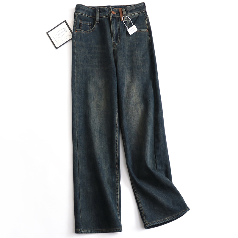 加绒加厚遮跨显瘦宽松直筒牛仔裤