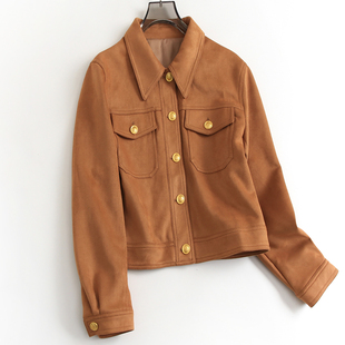 夹克长袖 工装 女外搭外套F065 翻领单排扣秋冬新款 美拉德麂皮绒短款