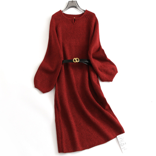 镂空圆领系腰带安可拉红针织毛衣裙直筒裙2024冬新款 女连衣裙H341