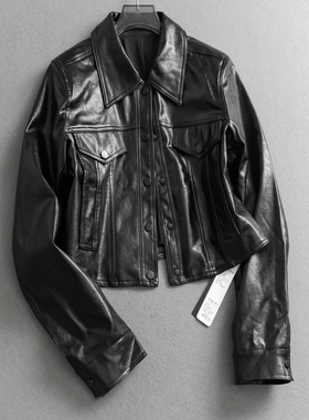 酷飒风翻领排扣修身短款机车服夹克2026春季新款长袖女装皮衣W224