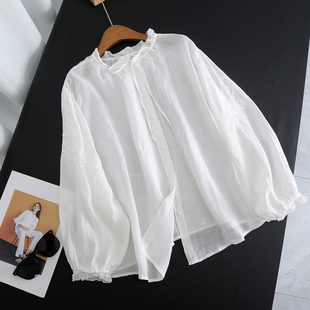 女衬衫 长袖 E077 新款 苎麻纯色宽松显瘦亲肤透气刺绣花边领2026春季