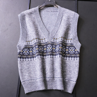 费尔岛几何纹提花V领无袖 马夹M284 针织毛衣背心套头百搭外穿女装